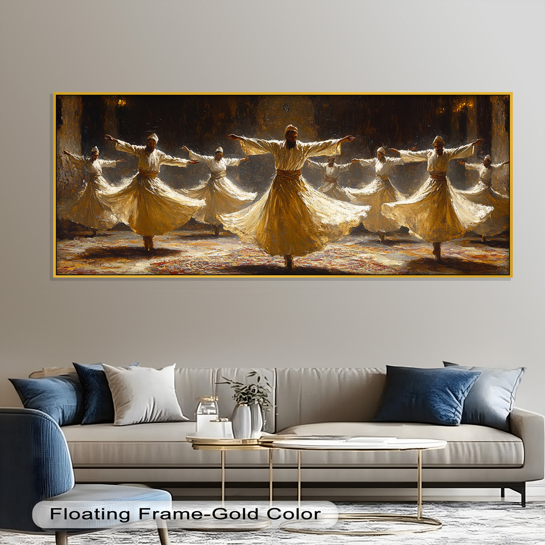 A captivating scene of whirling dervishes in flowing white robes performing the Sufi dance in perfect harmony under warm lighting.
