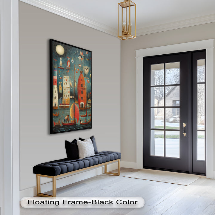 Moonlit Harbor Parade – Surreal Cat and Owl Fantasy Oil Painting
