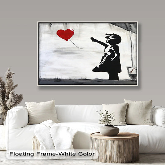 Highlighting the girl and heart balloon, the brightest area emphasizes this oil painting reproduction print of Banksy's iconic 'Girl with Heart Balloon.'