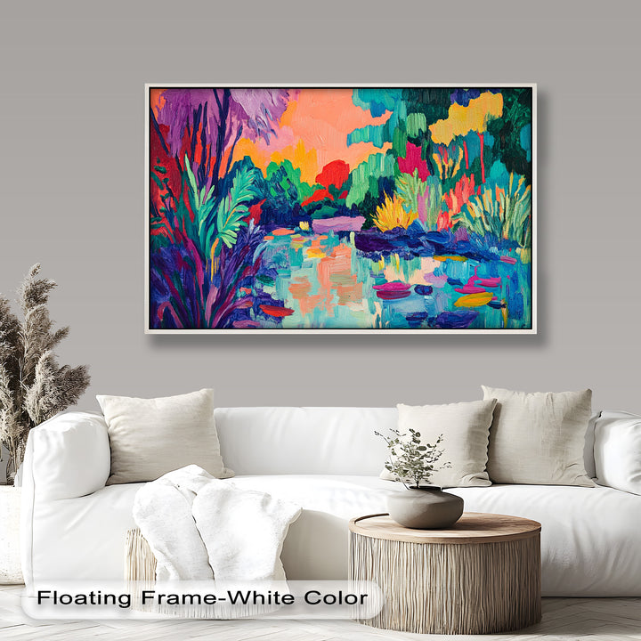Sunset Reflections Oil Painting – Fauvist Lakeside Dreamscape