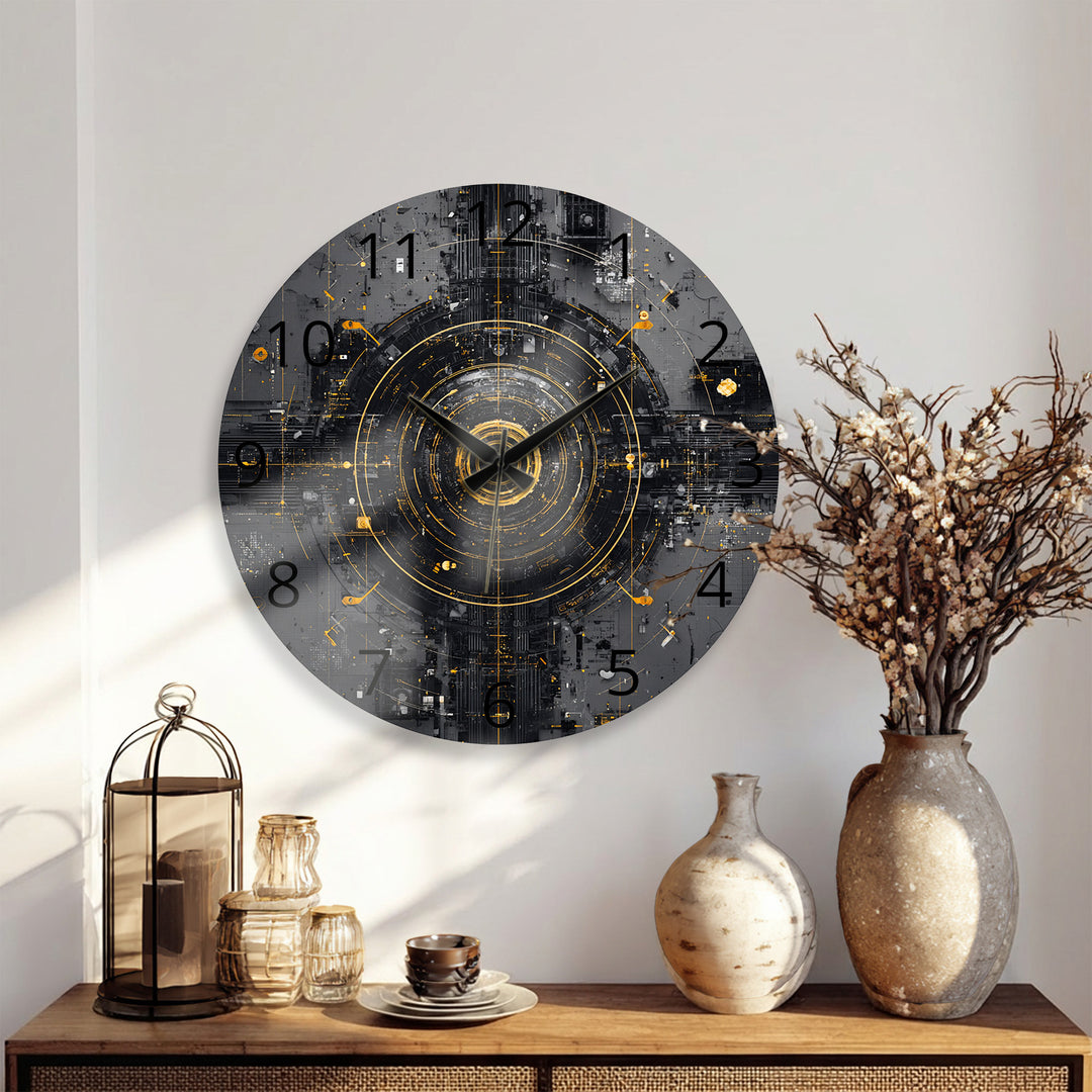 Industrial Abstract Glass Wall Clock – Black and Gold Tech Art