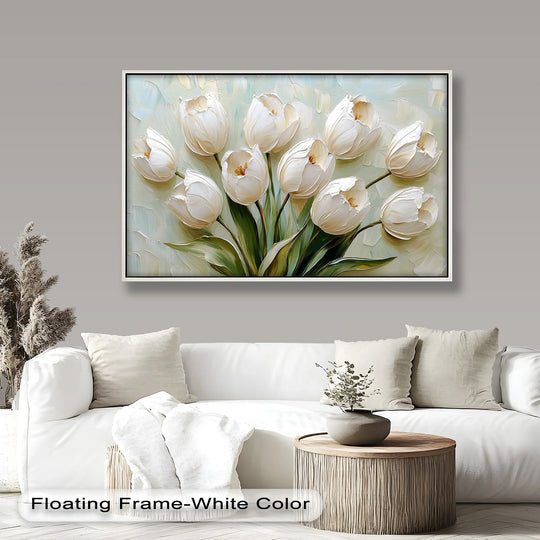With its muted color temperature, this creamy white tulip bouquet oil painting artwork offers a tranquil, elegant display of floral beauty.
