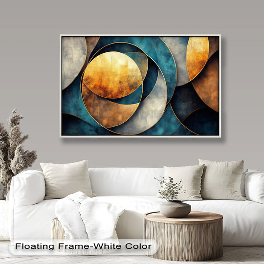 Depth and layers are created through the swirling teal and gold abstract circles in this modern oil painting art piece.