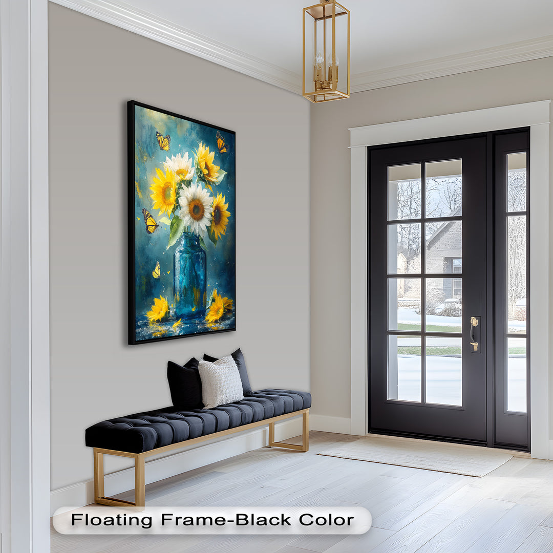 Sun-Kissed Radiance – Sunflowers in Blue Jar Flower Oil Painting
