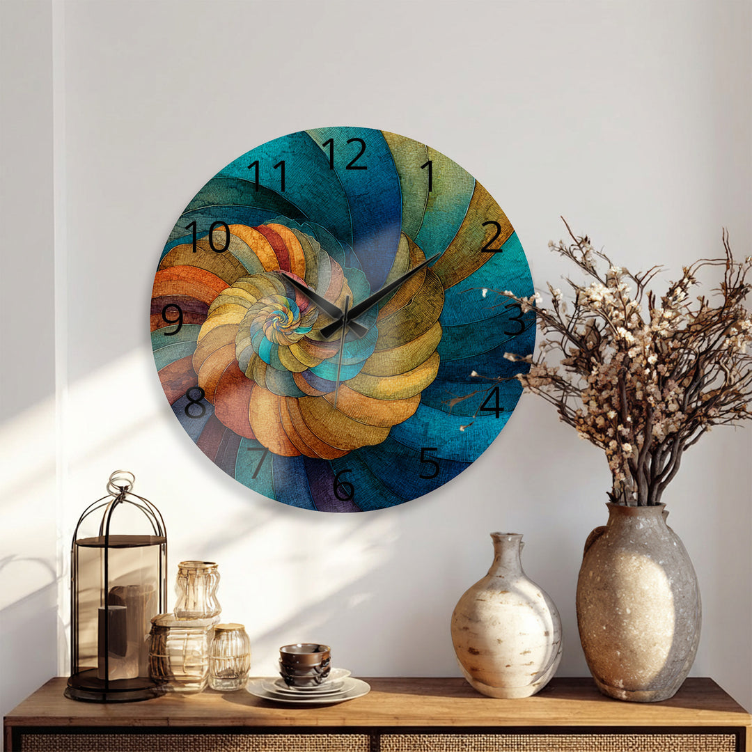 Abstract Spiral Glass Wall Clock – Teal and Gold Swirl Art