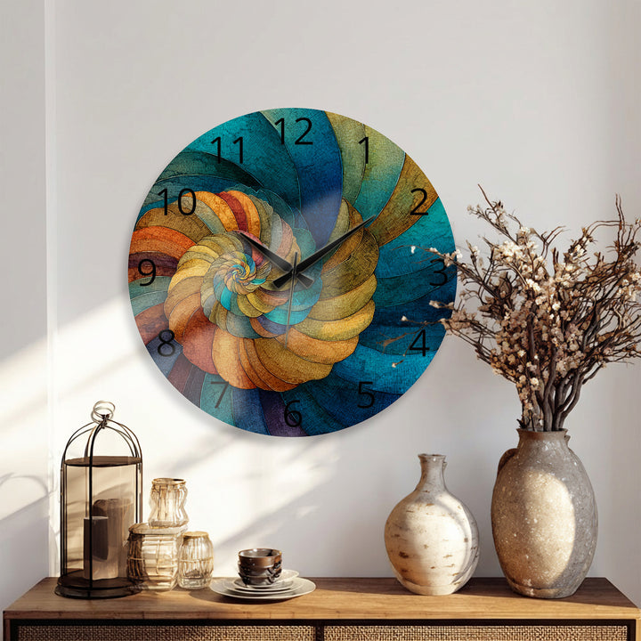 Abstract Spiral Glass Wall Clock – Teal and Gold Swirl Art