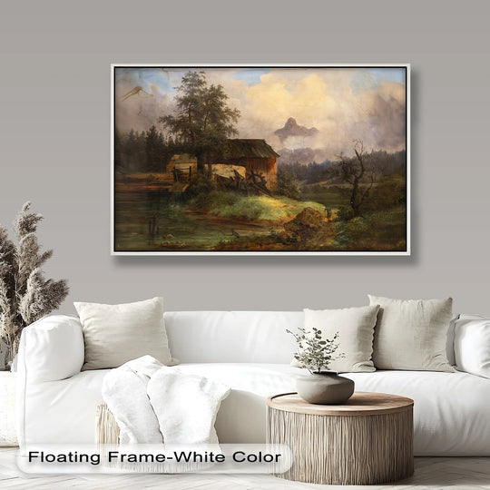 Framed with a crisp white edge, the vintage oil painting wall art showcases a rustic watermill at dusk with a border that complements the nostalgic landscape.