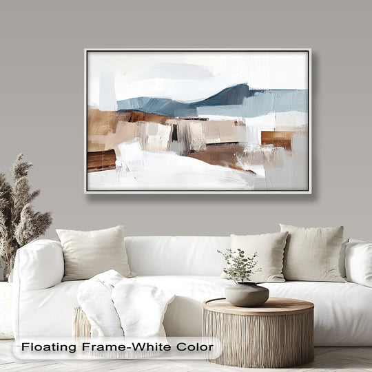 Subtle transition between warm neutrals and cool blues creates a beautiful layered effect in this mountain landscape abstract oil painting home decor, enhancing its visual depth.