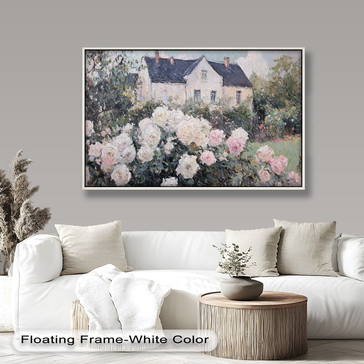 Cottage Garden Roses – Impressionist Floral House Scene Oil Painting