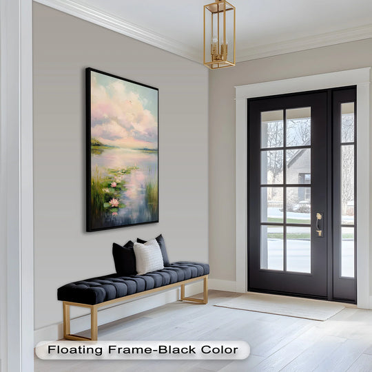 Featuring the abstract quality, a serene oil painting art piece titled 'Lotus Tranquility' evokes a dreamlike landscape with pastel hues and ethereal reflections.