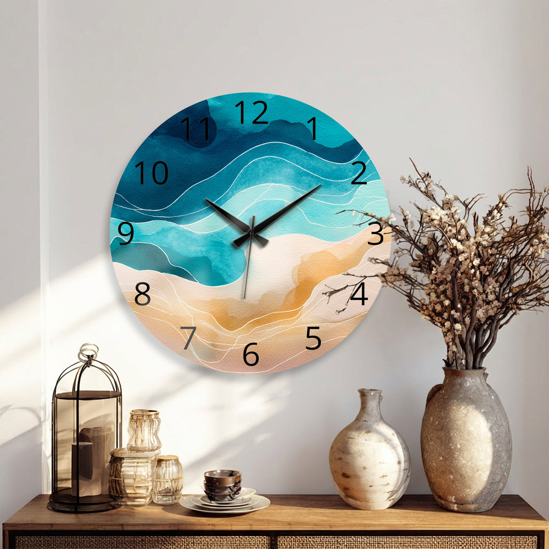 Abstract Coastal Glass Wall Clock – Blue Ocean Wave Decor
