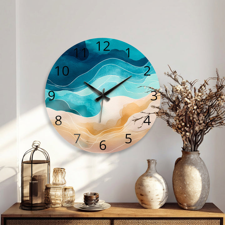 Abstract Coastal Glass Wall Clock – Blue Ocean Wave Decor