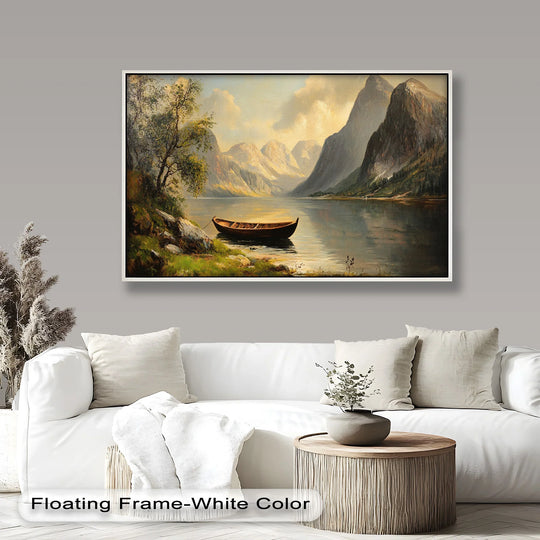 Exhibiting superior material quality, this framed 'Tranquil Passage' oil painting decoration showcases rich, textured brushstrokes depicting a serene mountain lake and rustic wooden boat.