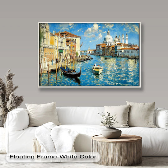 The stillness of Venice is captured in this oil painting reproduction print, where the tranquil Grand Canal mirrors the light on the facades of the sunlit buildings.