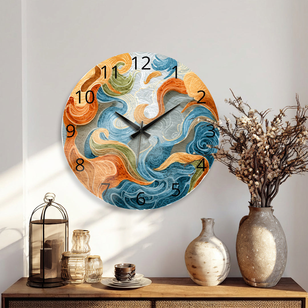 Abstract Ocean Glass Wall Clock – Blue and Orange Wave Art