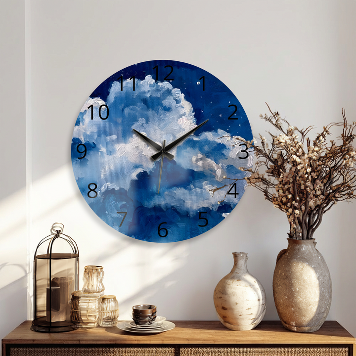 Blaue Wolke Glaswanduhr – abstrakte Himmelswanddekoration