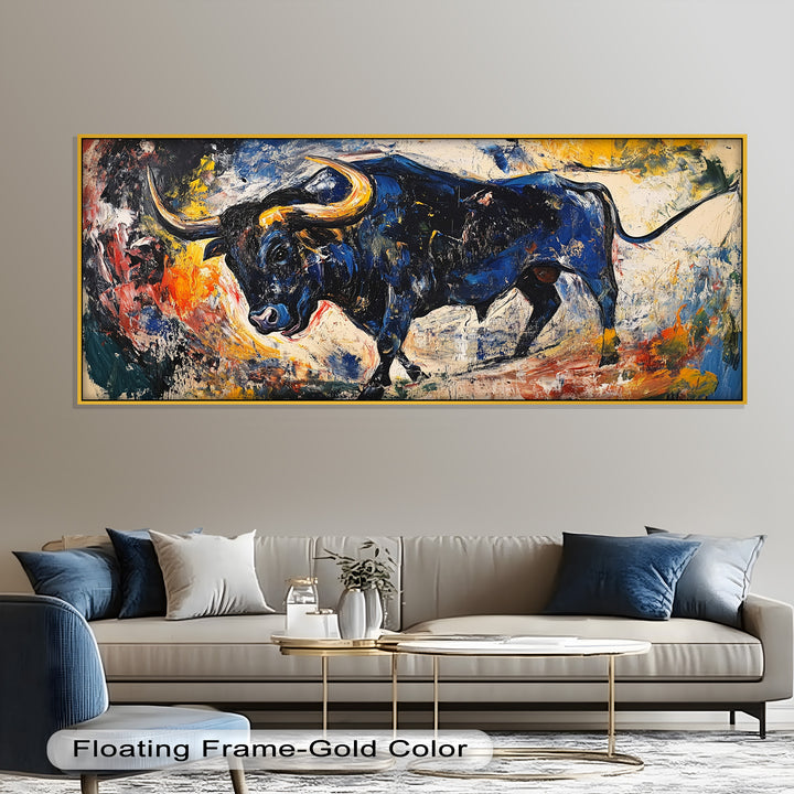 Fierce Blue Bull in Motion – Abstract Oil Painting