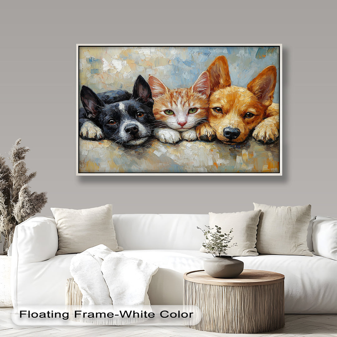 Cat and Dogs Resting Together - Animal Oil Painting