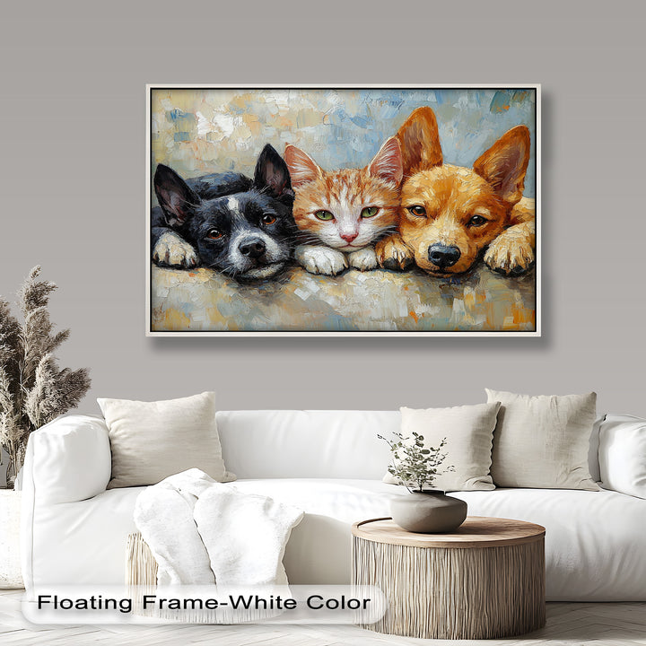 Cat and Dogs Resting Together - Animal Oil Painting