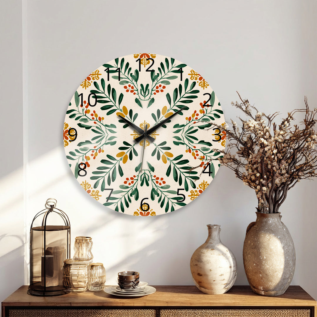 Botanical Glass Wall Clock – Green Leaf Farmhouse Decor