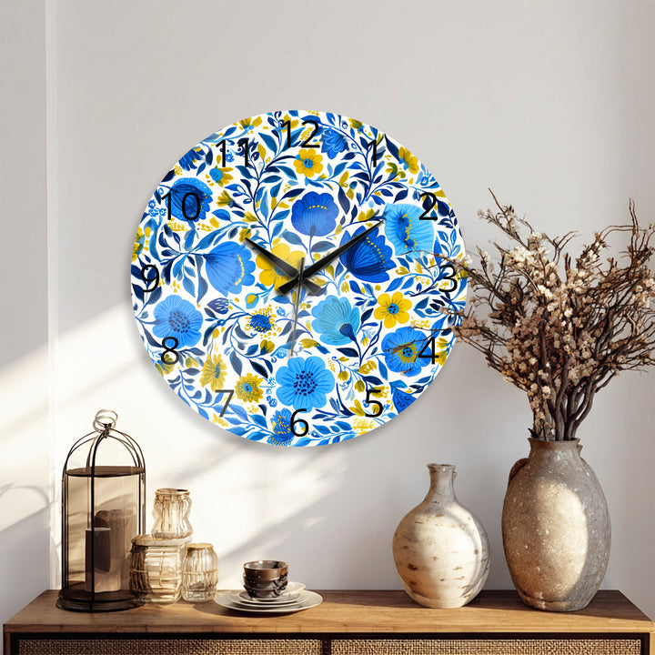 Blue and Yellow Floral Glass Wall Clock – Botanical Decor