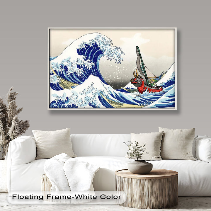 Illustration inspired by Hokusai’s 'The Great Wave off Kanagawa,' featuring a stylized wave scene with a small red sailboat captained by Link from The Legend of Zelda.