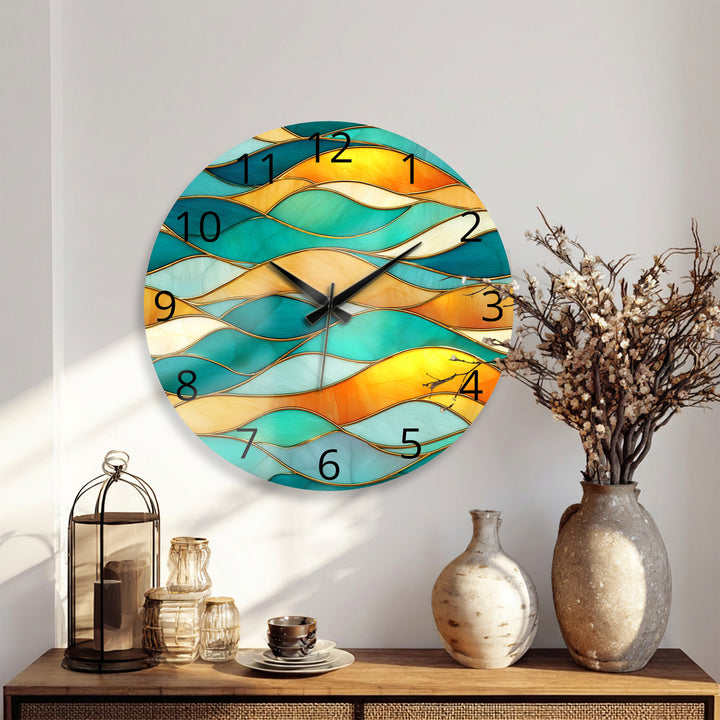 Turquoise Wave Glass Wall Clock – Abstract Stained Glass Decor