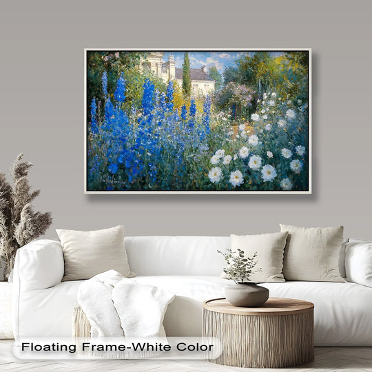With a mansion softly visible in the background, the blue delphinium Impressionist oil painting creates a captivating oil painting reproduction print.