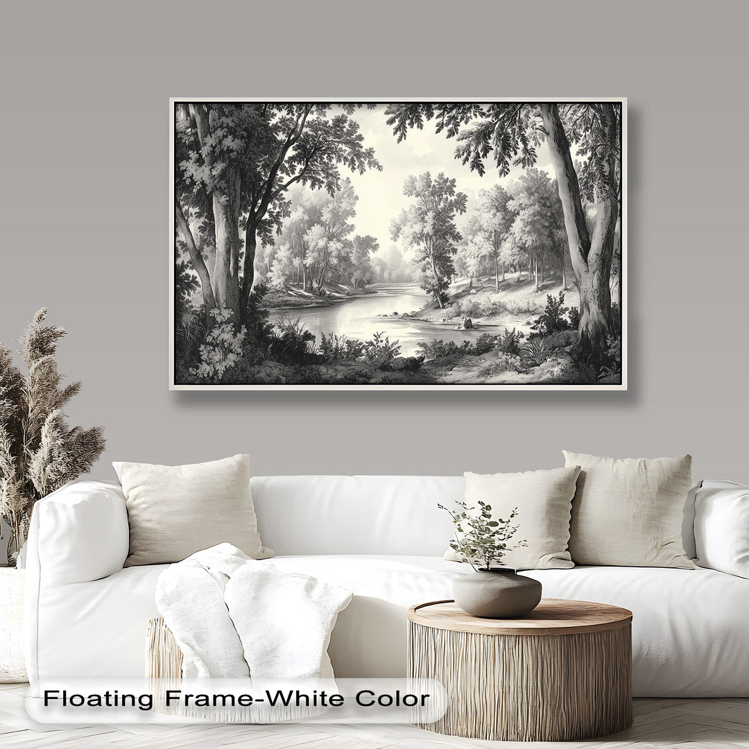 Zeitloser Waldfluss – Monochromes Landschaftsölgemälde