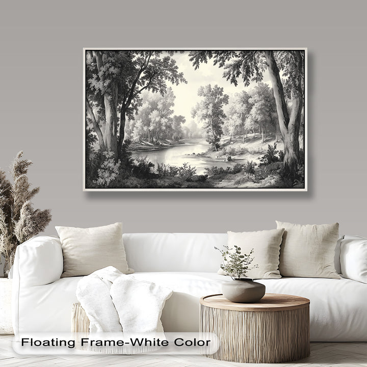 Zeitloser Waldfluss – Monochromes Landschaftsölgemälde