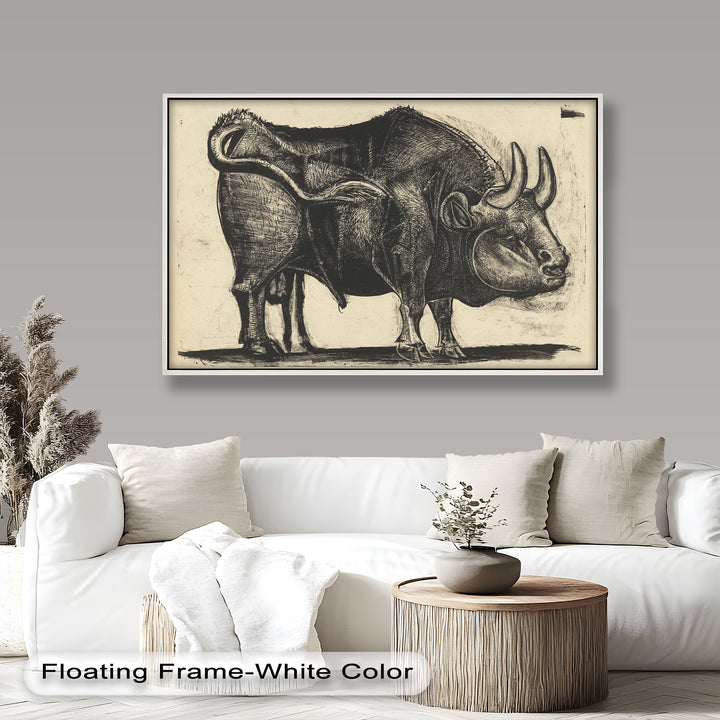 Expressive Bull Figure with Bold Linework – Figurative Oil Painting