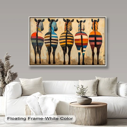 Darkest shadows define the zebra legs in this bold stripes and animal form oil painting wall art, a vibrant oil painting.
