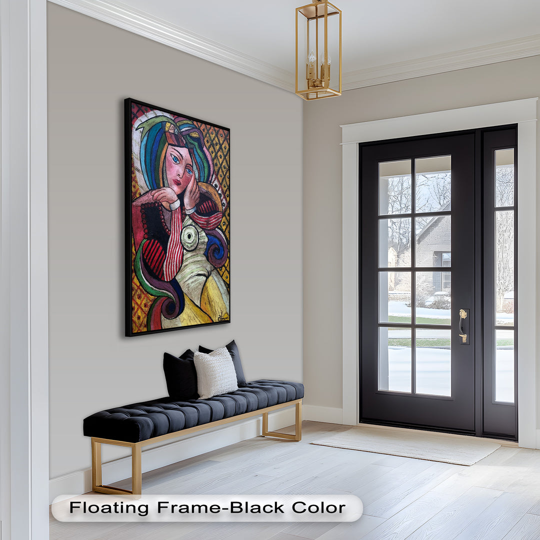 Melancholy in Stripes – Colorful Cubist Woman Portrait Picasso Oil Painting