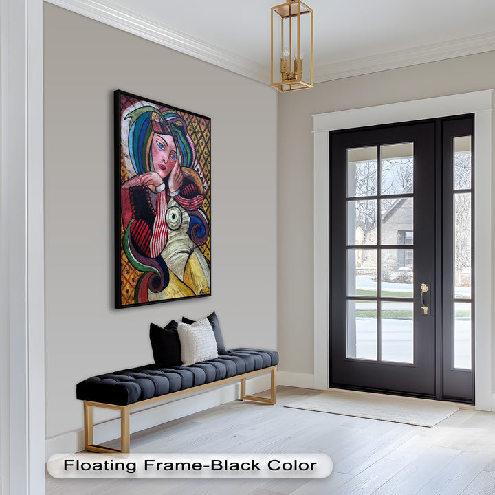 Melancholy in Stripes – Colorful Cubist Woman Portrait Picasso Oil Painting