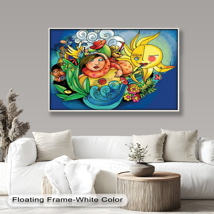 A cheerful, storybook-like artwork featuring whimsical people, swirling waves, radiant sunshine, and blooming flowers.
