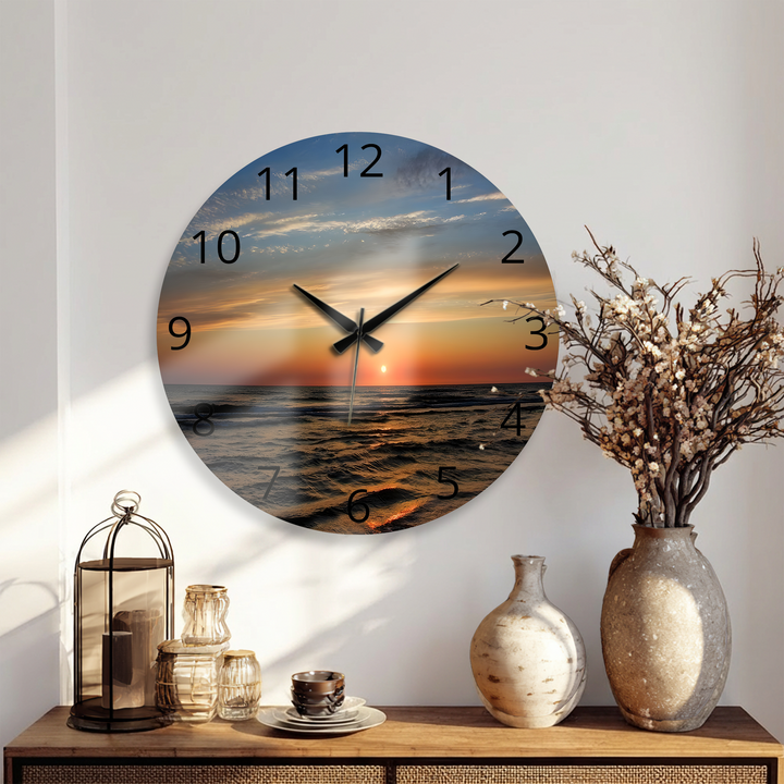 Ocean Sunset Glass Wall Clock – Coastal Beach Decor