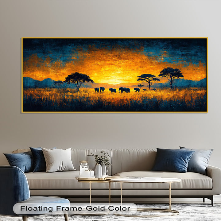 Golden Savannah Sunset – Elephant Silhouette Oil Painting