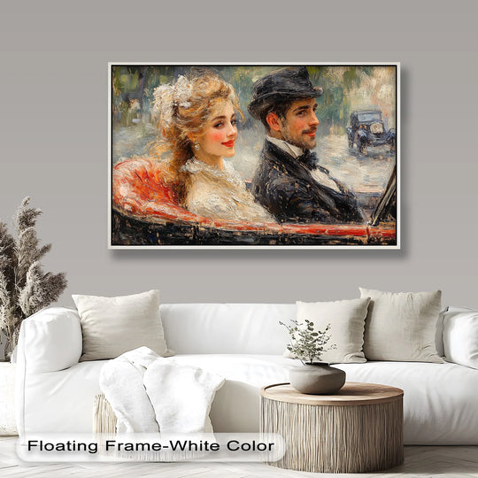Deep shadows define the charming gentleman's dark suit in this captivating impressionist oil painting art piece, showcasing a vintage couple in their classic car.