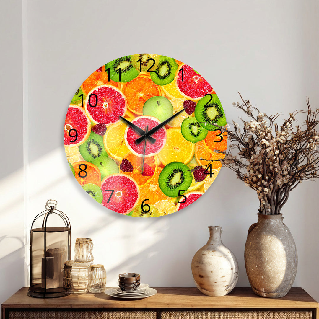 Colorful Fruit Glass Wall Clock – Citrus Kitchen Wall Decor