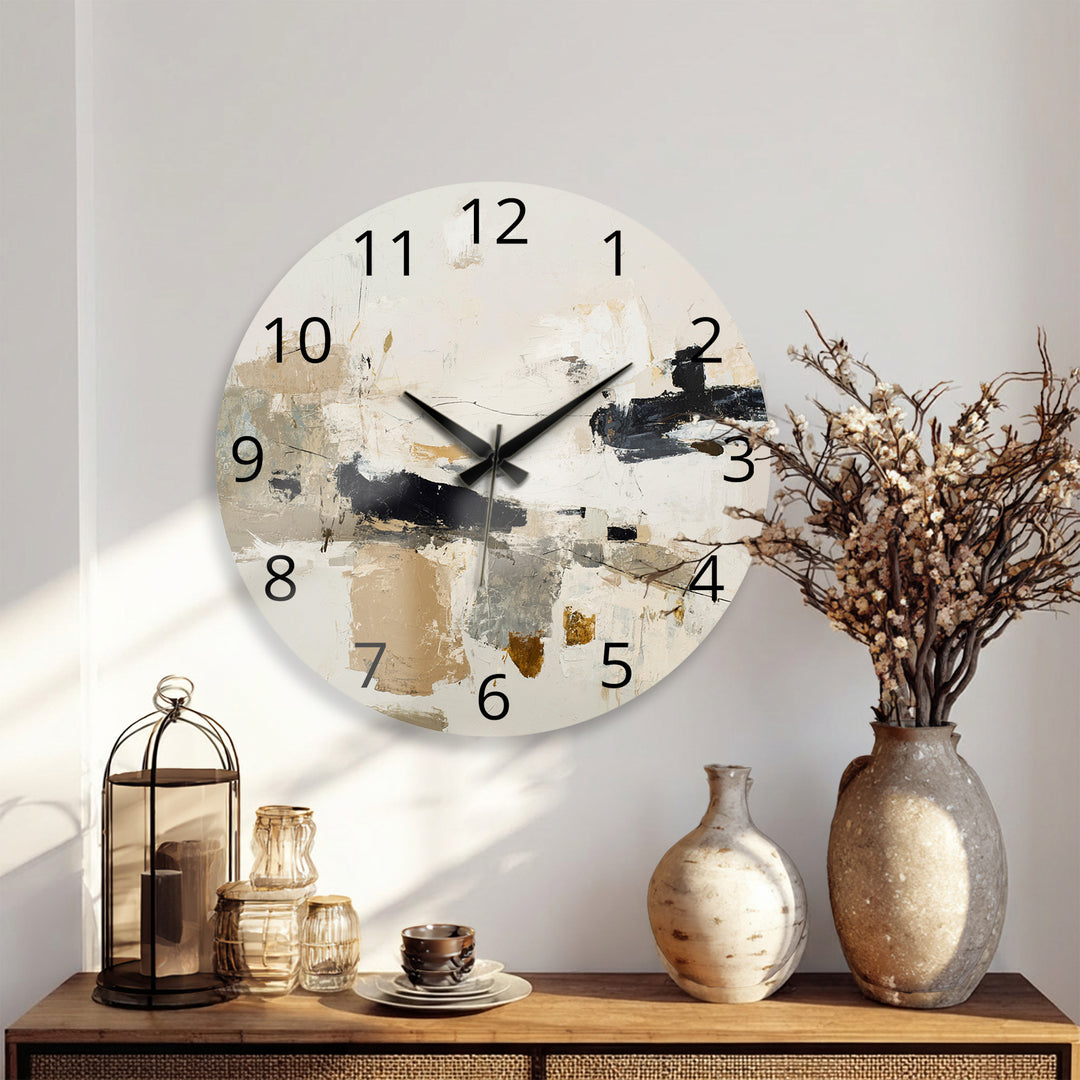 Neutral Abstract Glass Wall Clock – Black and Beige Modern Art