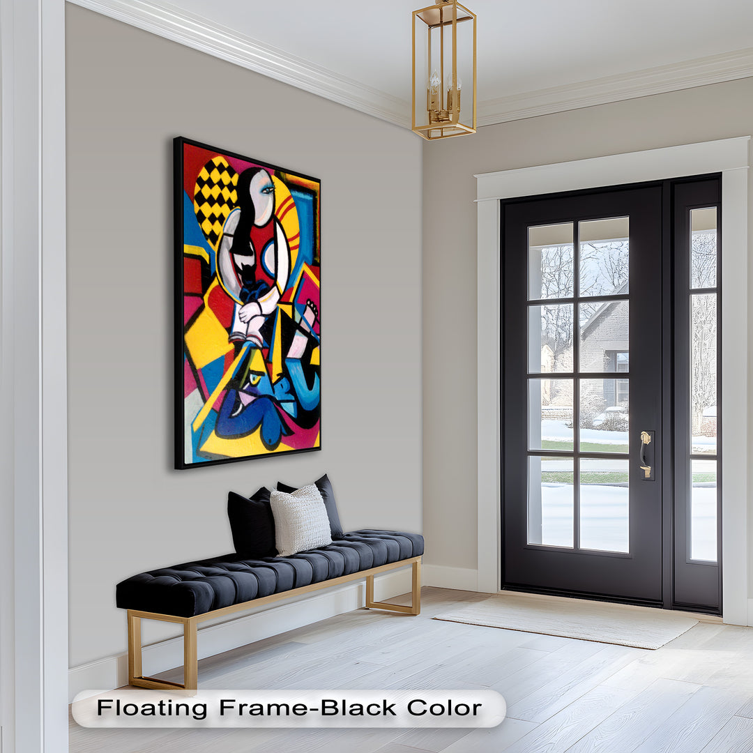 A visually energetic cubist portrait showcasing sharp contrasts, curved lines, and a checkerboard backdrop behind a seated figure.