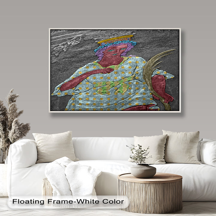 Geheiligte Blüte – Polychromes Engelrelief-Ölgemälde