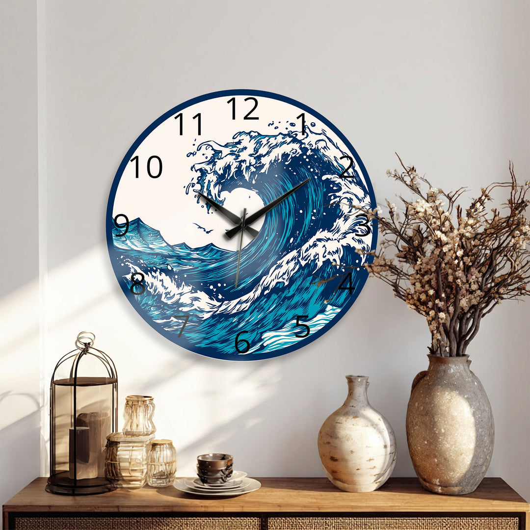 Japanese Wave Glass Wall Clock – Blue Ocean Coastal Decor