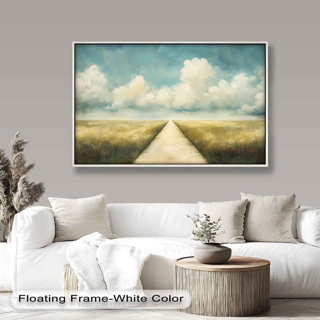 This peaceful landscape painting features a long, straight path stretching toward the horizon beneath a vast sky filled with soft, billowing clouds.