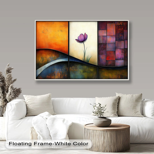 At the focal point of this modern floral oil painting artwork, the single purple tulip stands gracefully against textured panels, bringing a touch of elegance.