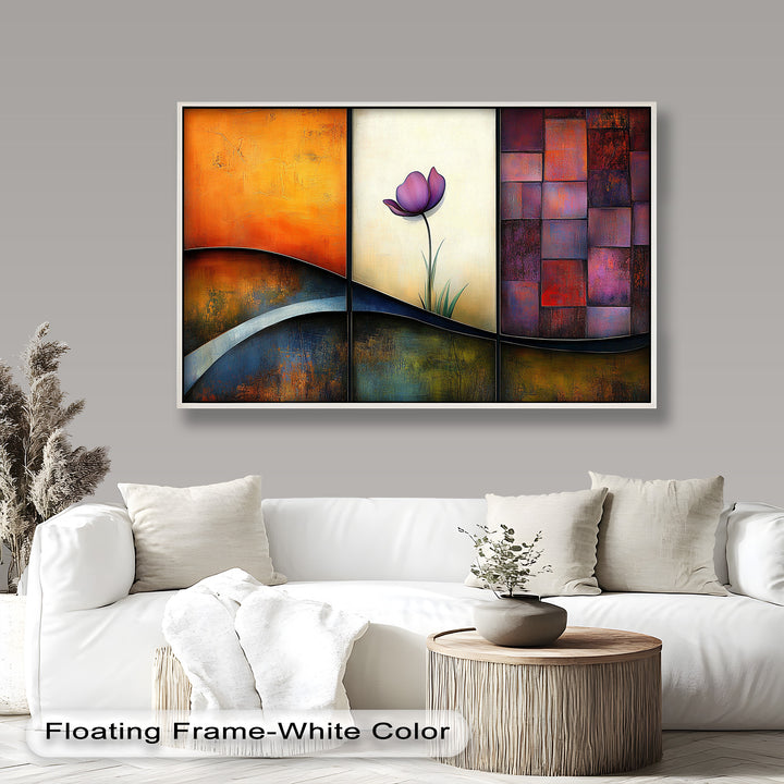 Modern floral wall art with a single purple bloom and abstract panels.
