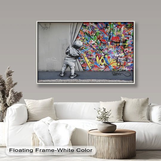 In the background, a modern living space complements the vivid 'Beyond the Curtain' graffiti oil painting wall art with its chaotic and vibrant graffiti style.