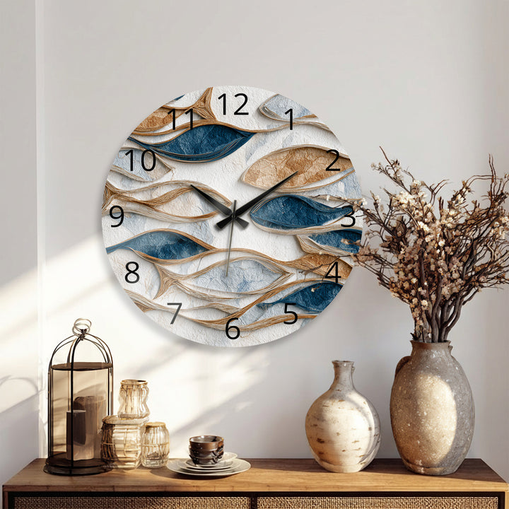 Blue and Beige Glass Wall Clock – Modern Organic Abstract Art