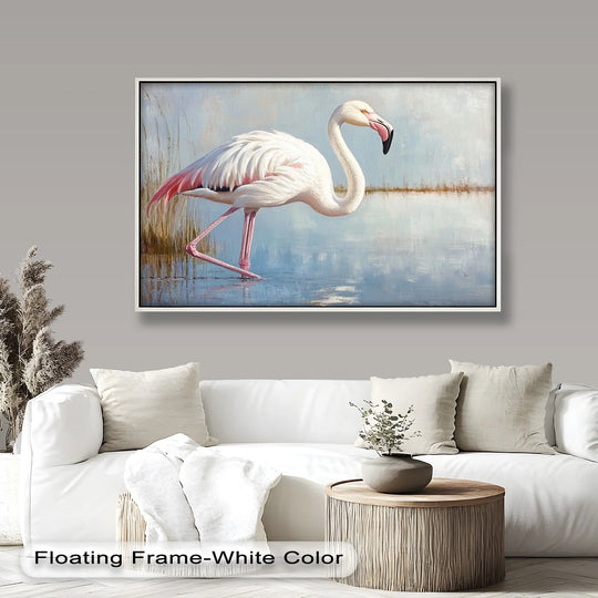 The realistic detail captures the exquisite texture of the graceful flamingo's plumage in this oil painting art piece, showcasing the serene beauty of an animal in shallow water.