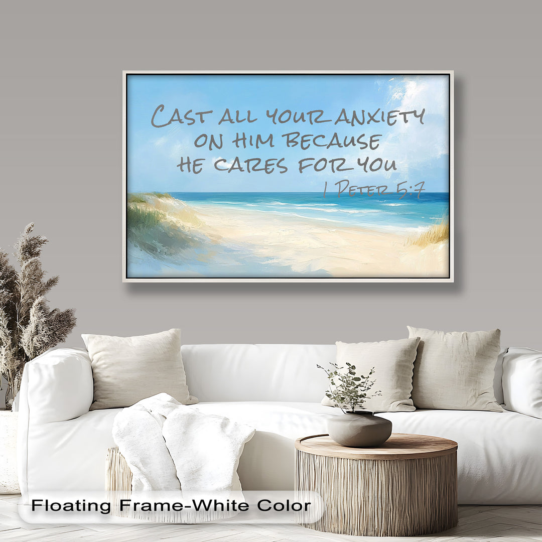 Peaceful beach painting with 1 Peter 5:7 about casting anxiety on God.

